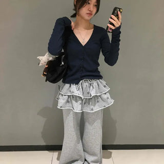 Loose Fit Printed String Frill Wide Long Pants