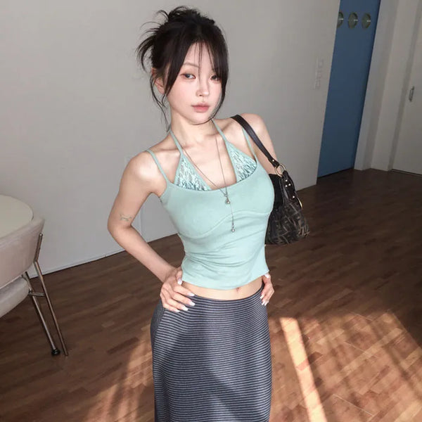 Pigbin Lace Halter Layer Sleeveless [Modal 38%]