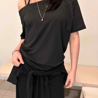 Loose Fit Plain One-Shoulder Off-Shoulder Short Sleeve T-Shirt