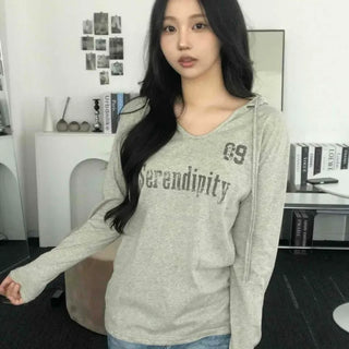 Loose Fit Lettering Numbering V-Neck Long Sleeve Short-Length Hoodie
