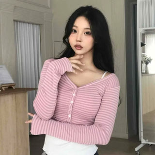 Slim Fit Striped Button V-Neck Long Sleeve T-Shirt