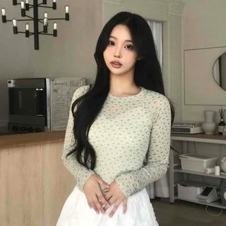 Slim Fit Floral Raglan Sleeve Round Neck Short Long Sleeve T-shirt
