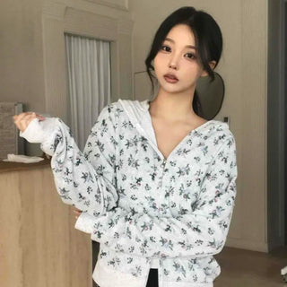 Loose Fit Flower Color Block Hoodie Full Zip-Up