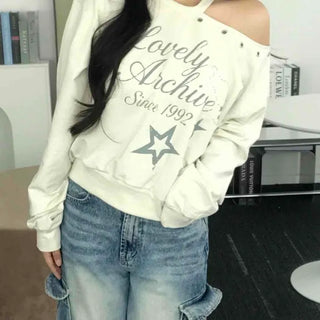 Loose Fit Lettering Print Eyelet Round Neck Short Sweatshirt