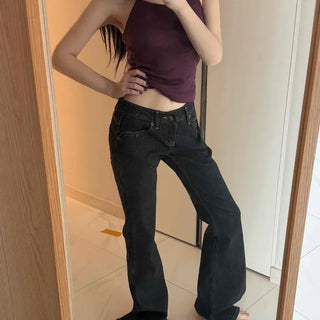 Washed Button Zipper Bootcut Long Pants