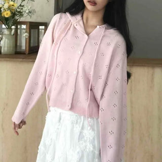 Loose-fit Perforated Button Hooded Short-length Long-sleeve Cardigan
