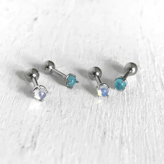 (2 colors) Glow Gemstone Piercing Surgical Steel 8mm Earrings Labret Bar Blue Inner Conch Outer Conch Helix Tragus Lobe Layered