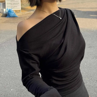 Slim Fit Plain Drape One-Shoulder Short-Length Long-Sleeve T-Shirt