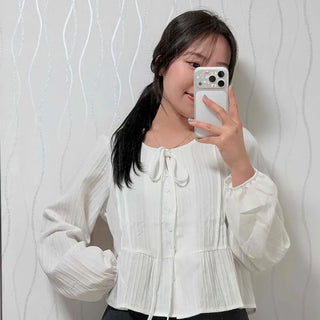 Shirred Ribbon Tiered Round Neck Long Sleeve Blouse