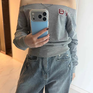 Loose Fit Lettering Numbering Off-Shoulder Short Length Long Sleeve Sweatshirt