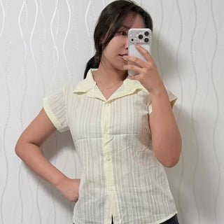 Button Stripe Button-Down Collared Short Sleeve Blouse
