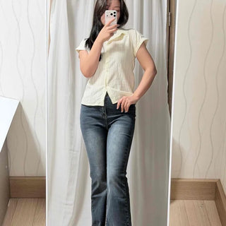 Washed Button Zipper Flare Bootcut Long Pants