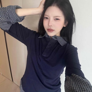 Regular Fit Contrast Button Collar Layered Short Long Sleeve T-shirt