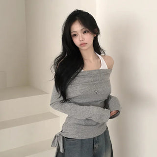 Guaranteed Beauty, Halter Neck Integrated Off-Shoulder Side Strap Ribbon Delicate Fit Layered Long Sleeve T-Shirt