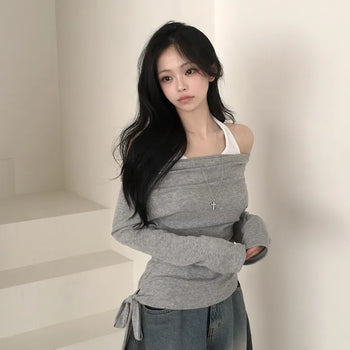 Guaranteed Beauty, Halter Neck Integrated Off-Shoulder Side Strap Ribbon Delicate Fit Layered Long Sleeve T-Shirt