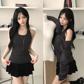 Daily Striped Halter Neck Long Sleeveless Top with Cinched Waist, Slim, Delicate Fit, Perfect for Layering