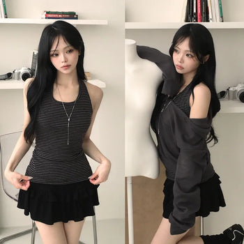 Daily Striped Halter Neck Long Sleeveless Top with Cinched Waist, Slim, Delicate Fit, Perfect for Layering