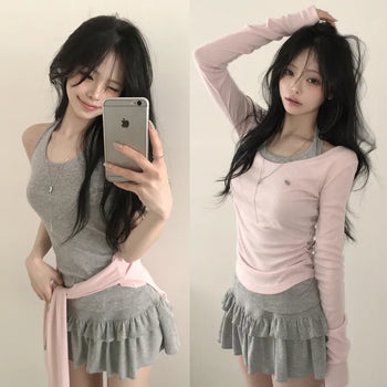 Daily Plain Halterneck Long Sleeveless Top with Cinched Waist, Slim, Delicate Fit, Perfect for Layering