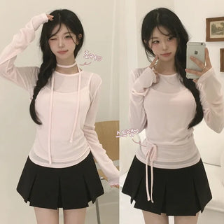 Style to your liking, Tie Set U-Neck Layered Integrated Delicate Slim Fit Strap Long Sleeve T-shirt