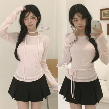 Style to your liking, Tie Set U-Neck Layered Integrated Delicate Slim Fit Strap Long Sleeve T-shirt