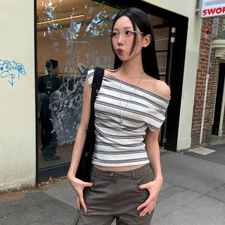 Cre Stripe Off-Shoulder Short Sleeve T-shirt