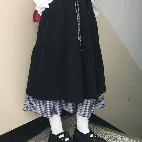 Sia check layered long skirt