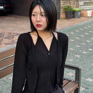 Slim Fit Halter Button Layered Long Sleeve Cardigan