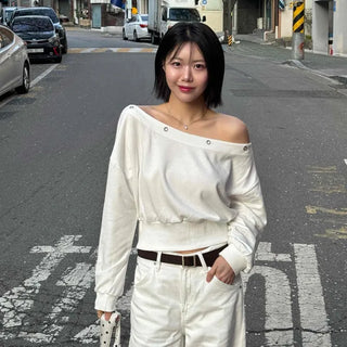 Loose Fit Plain Eyelet Boat Neck Off-Shoulder Sweatshirt