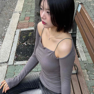 Slim Fit Plain Shirred Off-Shoulder Long Sleeve T-Shirt