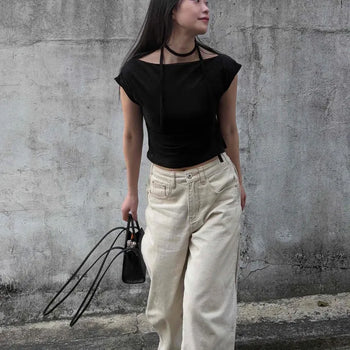 Relaxed Fit Short Plain Boat Neck Cap Sleeve T-Shirt