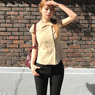 Heart Double Collar Short Sleeve Blouse
