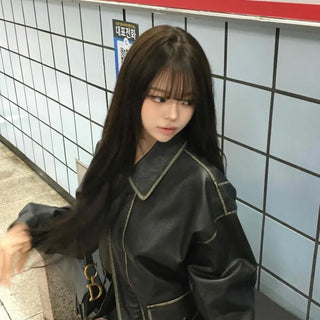 Oversized Contrast Line Washed Leather Jacket