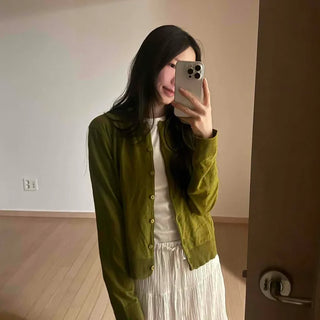 Button Plain Round Neck Long Sleeve Short Cardigan
