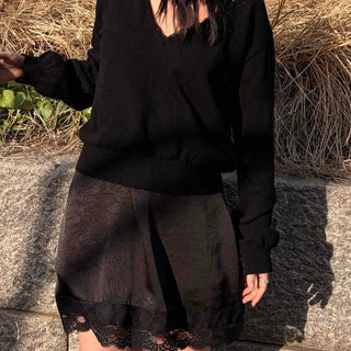 Loose Fit Plain V-Neck Long Sleeve Short Length