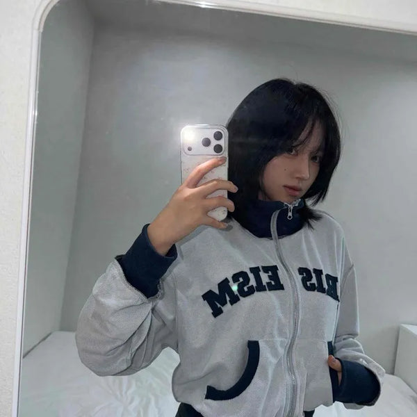 Contrast Lettering Full Zip Raglan Short Zip-Up