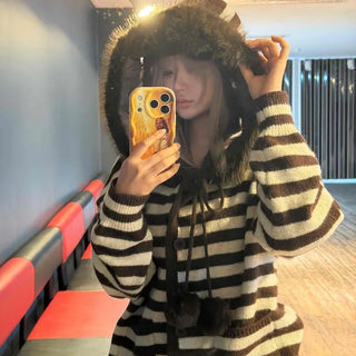 Oversized Striped Button Hooded Long Sleeve Cardigan