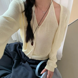 Crème Halter Sleeveless Cardigan Set