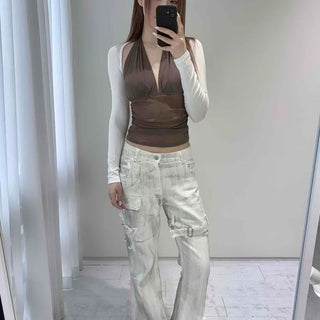 Cargo Pocket Washed Lettering Wide Cargo Long Pants
