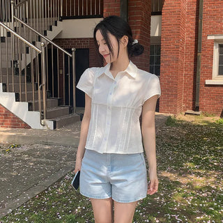 Cello Pintuck Collar Short Sleeve Blouse