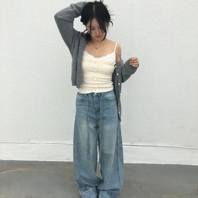 Crystal Cubic Stone Wide Denim Pants