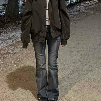 Washed Button Zipper Flare Bootcut Long Pants
