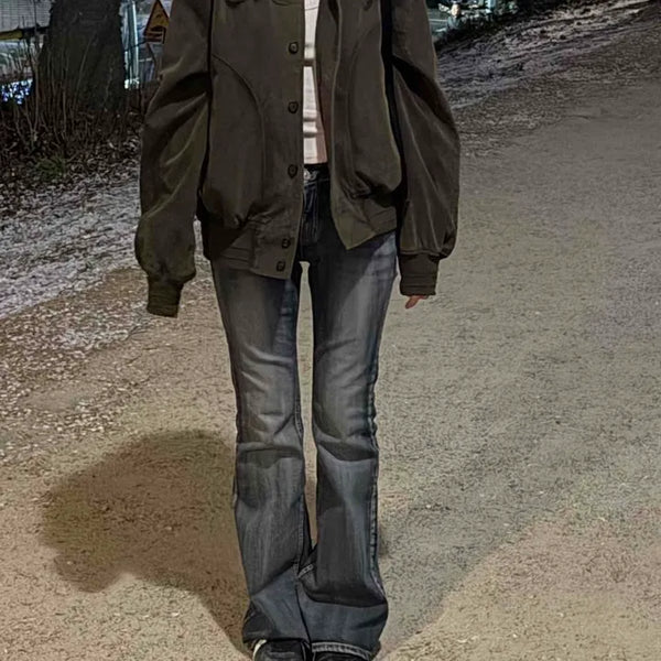 Washed Button Zipper Flare Bootcut Long Pants