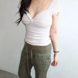 Glitter Ribbon Shirred Crop Short Sleeve T-shirt