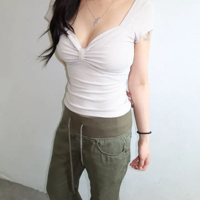 Glitter Ribbon Shirred Crop Short Sleeve T-shirt