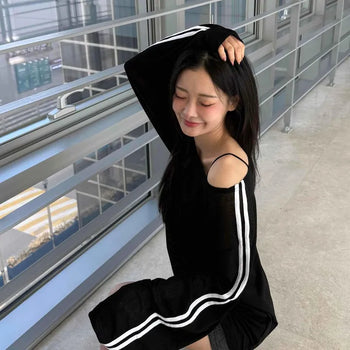 Loose Fit Solid Color Block Shoulder Cutout Daily Long Sleeve T-shirt