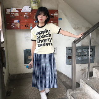 Apple Peach Lettering Ringer Short Sleeve T-shirt