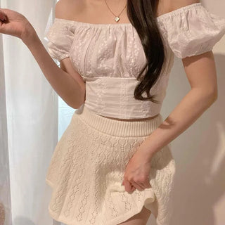 Shirred Frill Short Sleeve Feminine Daily Blouse