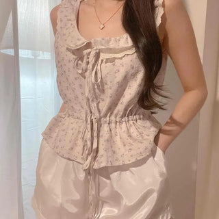 Frill Ribbon String Flower Sleeveless Blouse