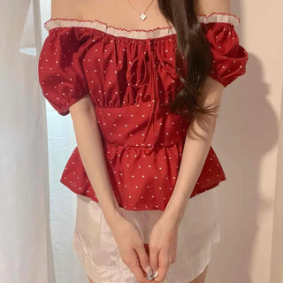 Shirred Frill String Dot Short Sleeve Blouse