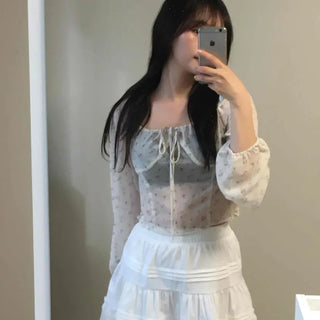Shirred Frill String Flower Long Sleeve Blouse